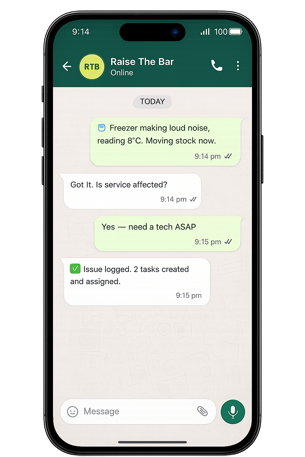 WhatsApp conversation with Raise The Bar